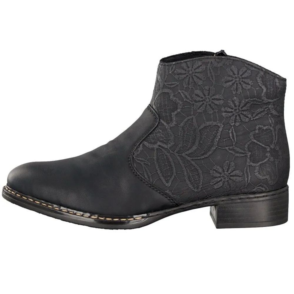 France Black Floral Embossing Western Ankle Boot