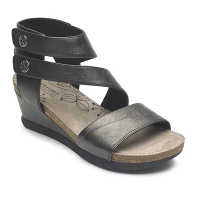 Shona Black Metallic Leather Asymmetrical Cuff Wedge Sandal