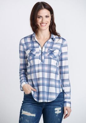 Women's Half Zip Knit Plaid Shirt