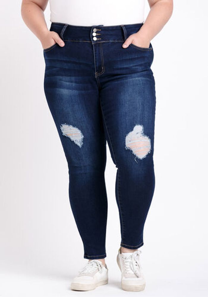 Women's Plus Button High Rise Destroyed Skinny Jeans