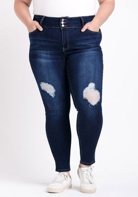 Women's Plus Button High Rise Destroyed Skinny Jeans