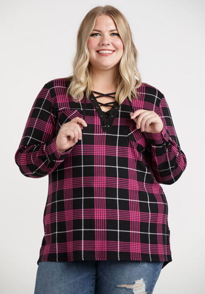 Women's Lace Up Plaid Shirt