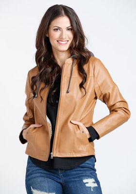 Women's Hooded Faux Leather Jacket