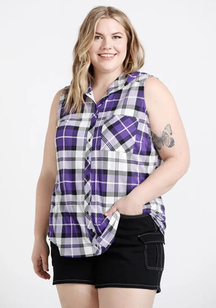 Women's Sleeveless Plaid Hoodie