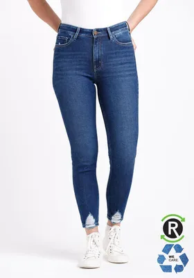Women's High Rise Chewed Hem Ankle Skinny Jeans