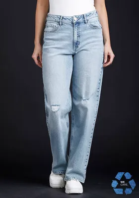 Women's High Rise Destroyed Wide Leg Jeans