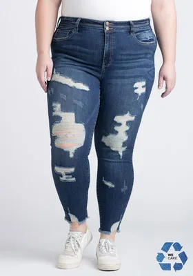 Women's Plus High Rise 2 Button Destroyed Ankle Skinny Jean
