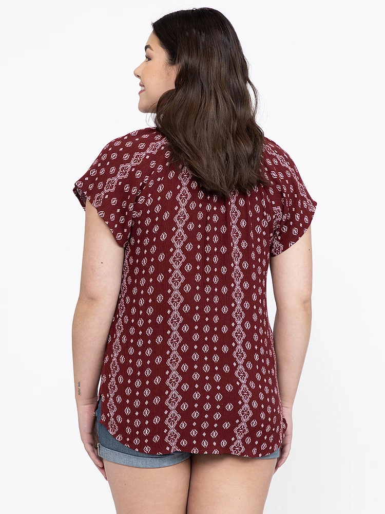 Women's Geo Tie Neck Peasant Top