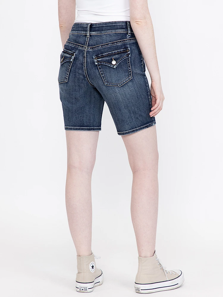 Women's 2 Button Medium Dark Wash Bermuda Short