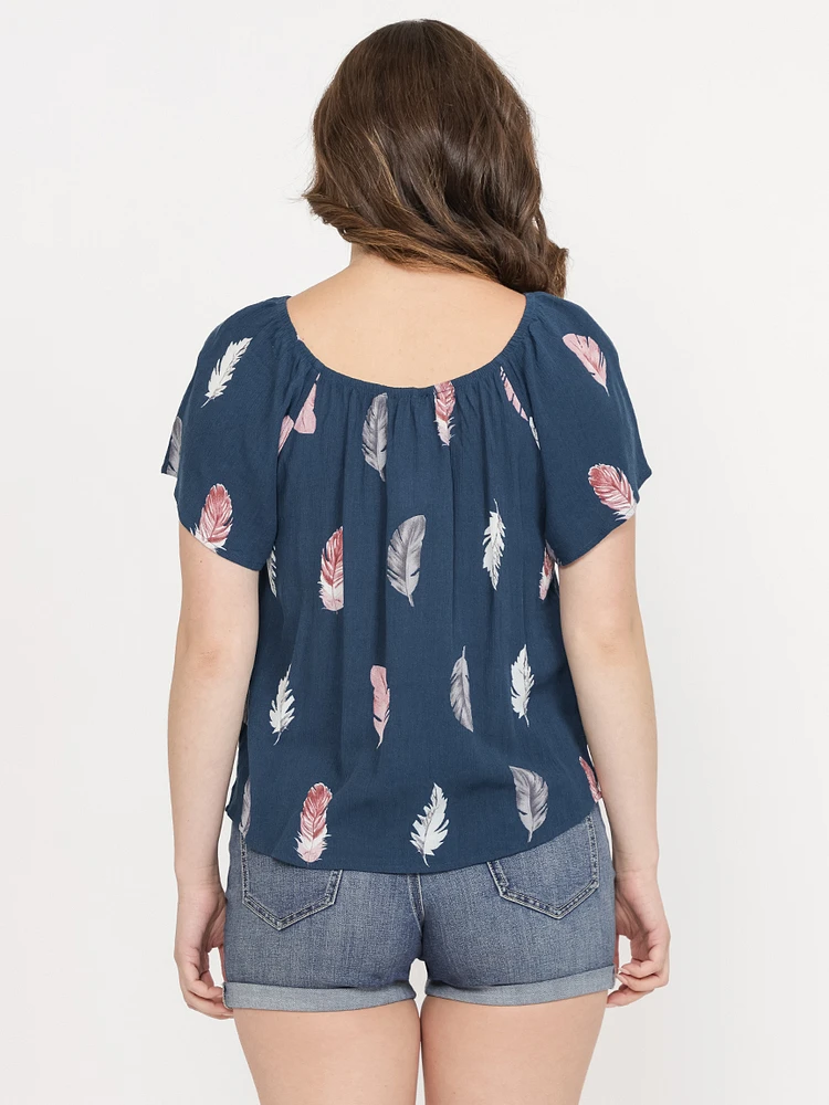 Women's Feather Print Peasant Top
