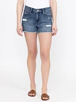 Women's Medium Wash Frayed Hem Shortie with Crochet Lace Insert