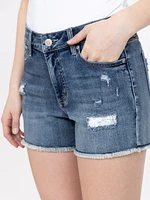 Women's Medium Wash Frayed Hem Shortie with Crochet Lace Insert