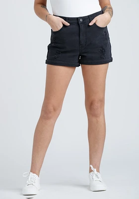 Women’s High Rise Black Destroyed Cuffed Jean Shortie