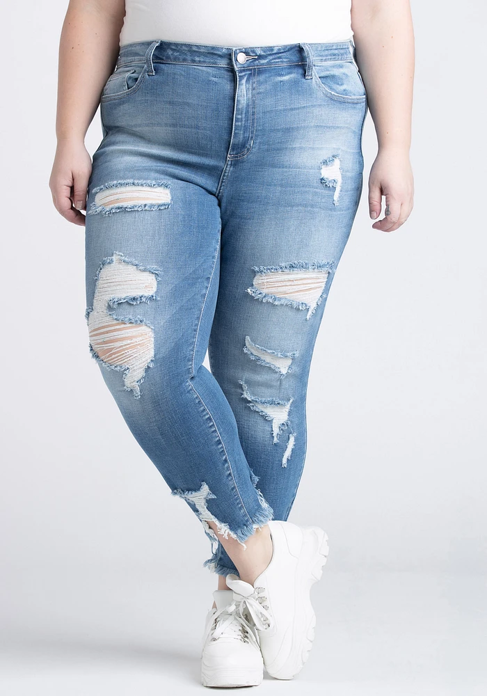 Women's Plus Heavy Destroyed Ankle Cutout Skinny Jeans