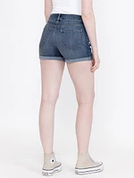 Women's Medium Wash Floral Embroidery Cuffed Shortie