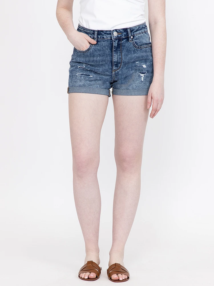 Women's High Rise Rip & Repair Medium Wash Cuffed Shortie
