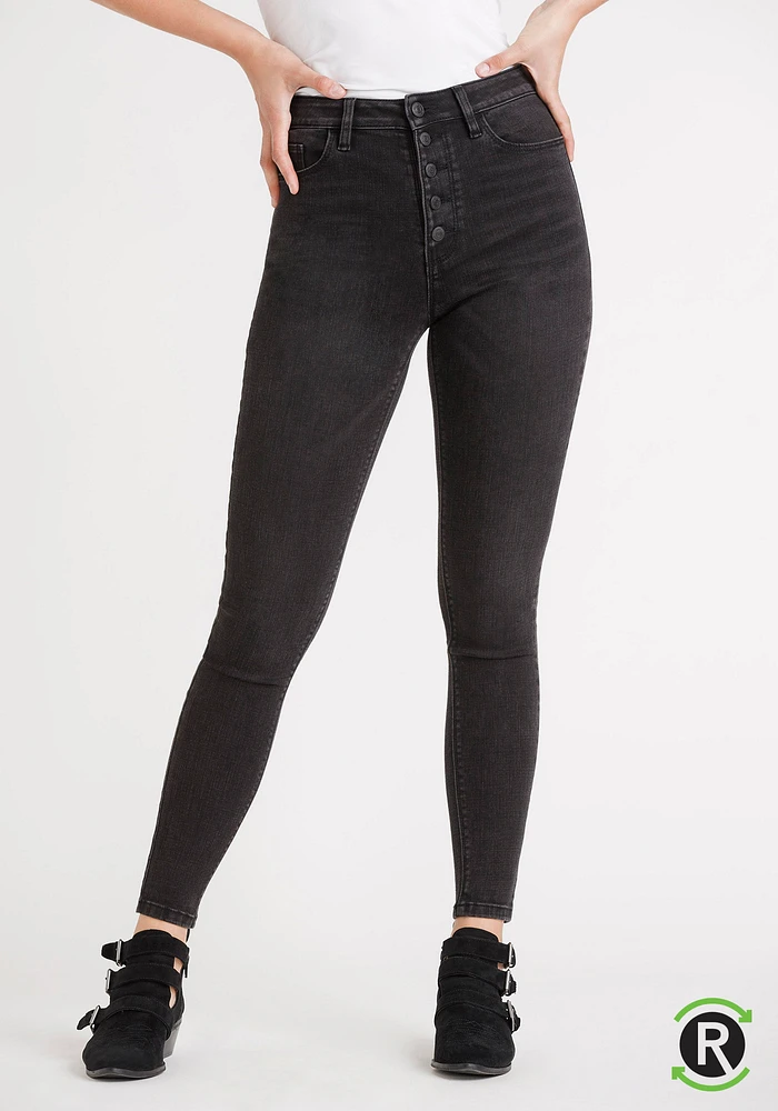 Women's REPREVE® Black High Rise Exposed Button Skinny Jeans