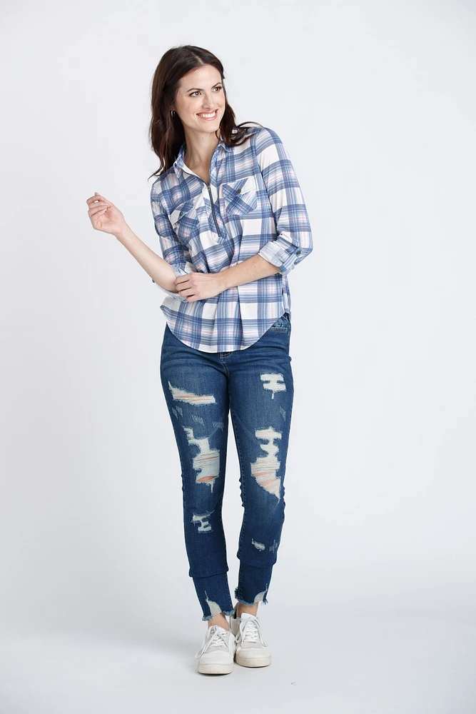 Women's Half Zip Knit Plaid Shirt