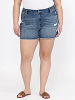 Women's Plus Medium Wash Frayed Hem Shortie with Crochet Lace Insert