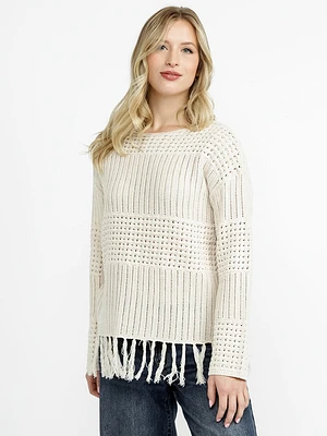 Women's Pointelle Pullover With Fringe