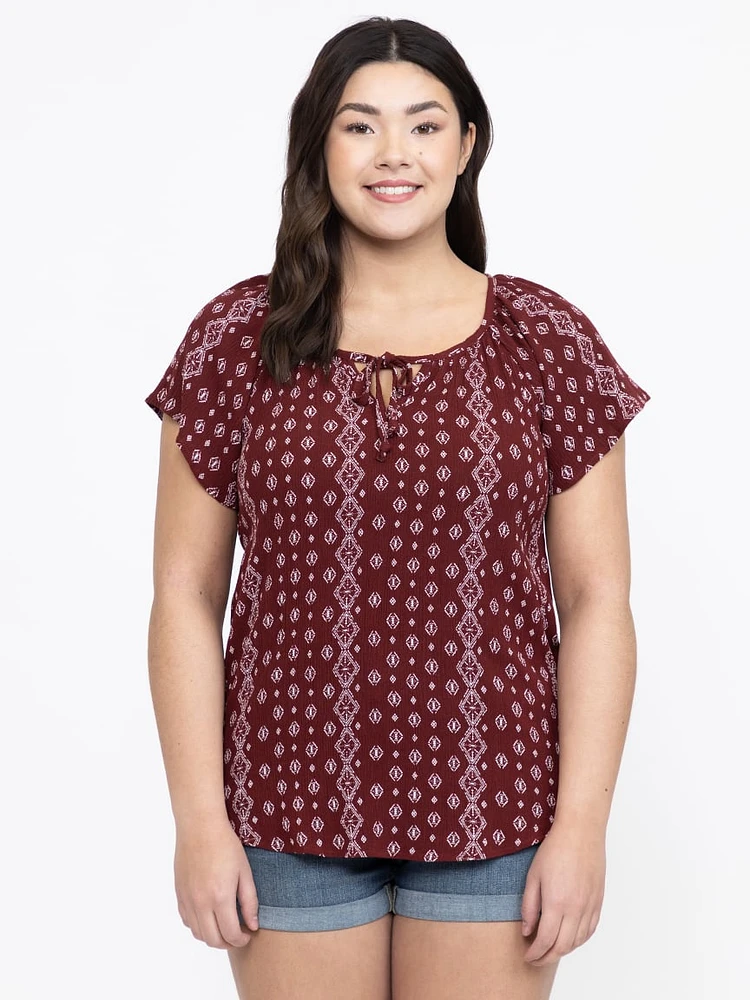 Women's Geo Tie Neck Peasant Top