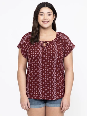 Women's Geo Tie Neck Peasant Top