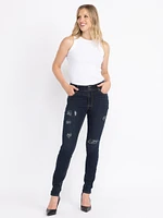 Women's Dark Wash 2 Button Sequins Patch Skinny Jeans