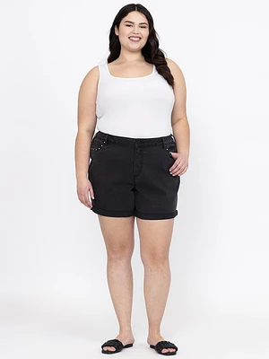 Women's Plus High Rise Black Midi Short With Studs