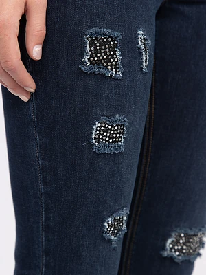 Women's Dark Wash 2 Button Sequins Patch Skinny Jeans