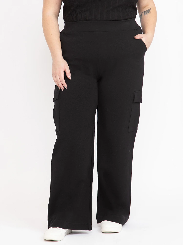 Women's  Black Pull-on Ponte Wide Leg Cargo Pant