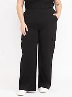 Women's  Black Pull-on Ponte Wide Leg Cargo Pant