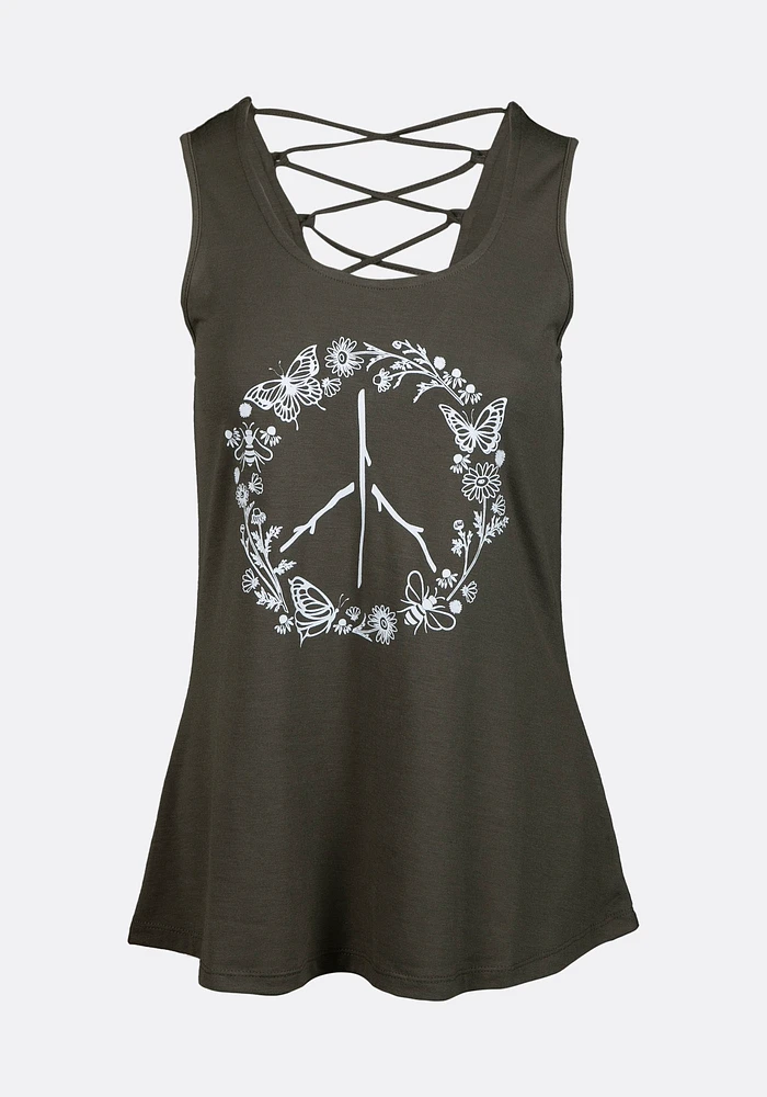 Women's Peace Sign Cage Back Tank