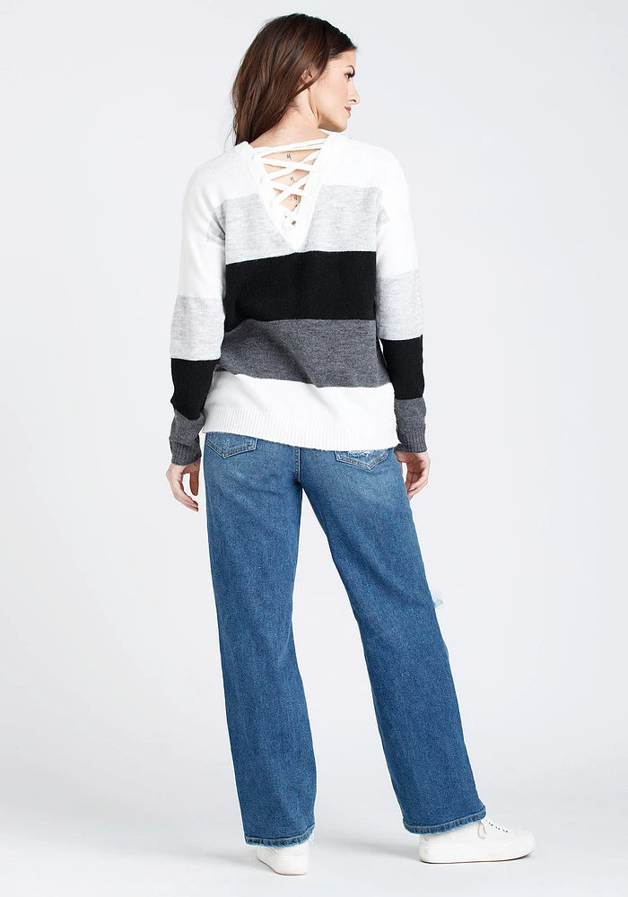 Women's Colour Block Lace Up Sweater