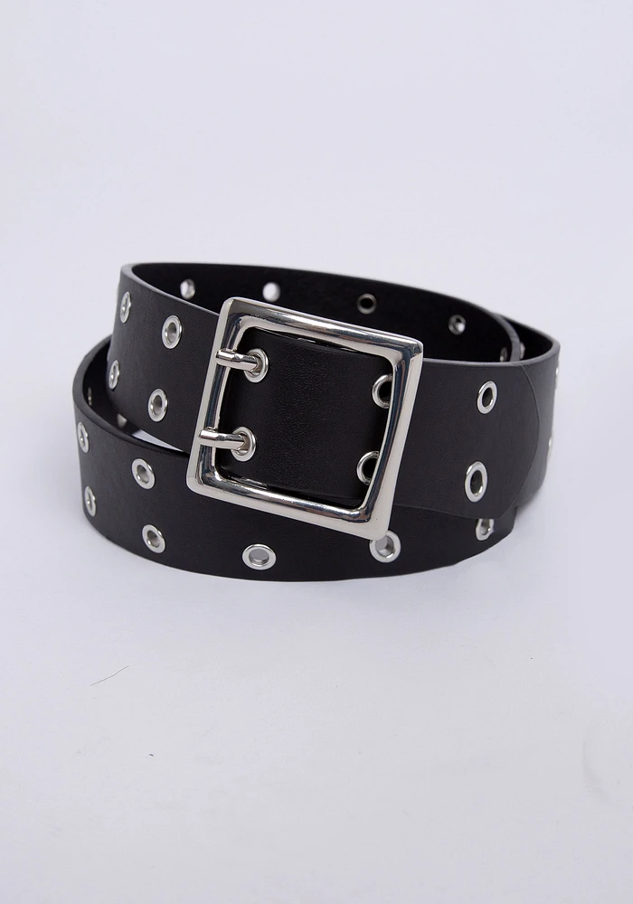 Women's Silver Grommet Black PU Belt