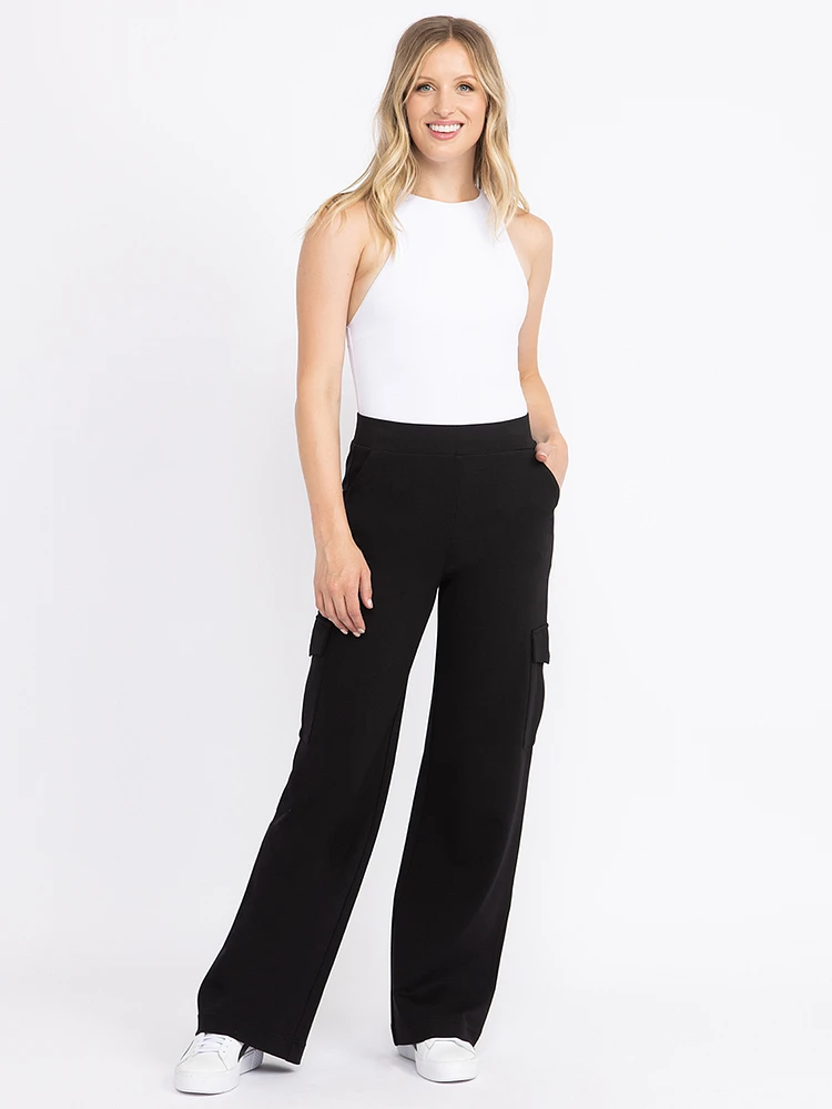 Women's  Black Pull-on Ponte Wide Leg Cargo Pant