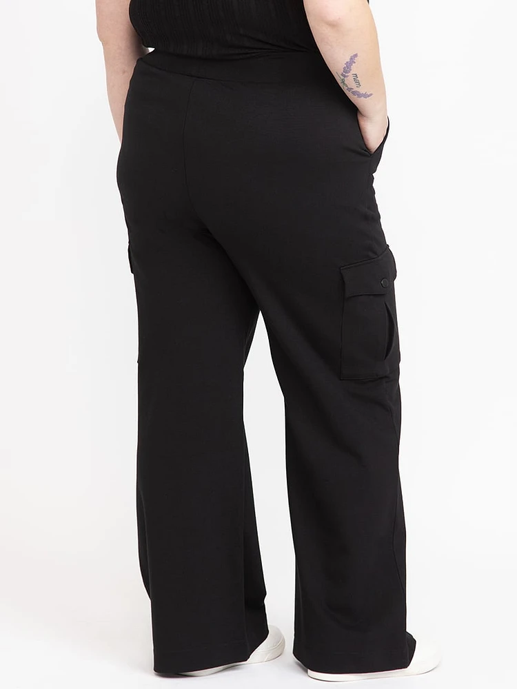 Women's  Black Pull-on Ponte Wide Leg Cargo Pant