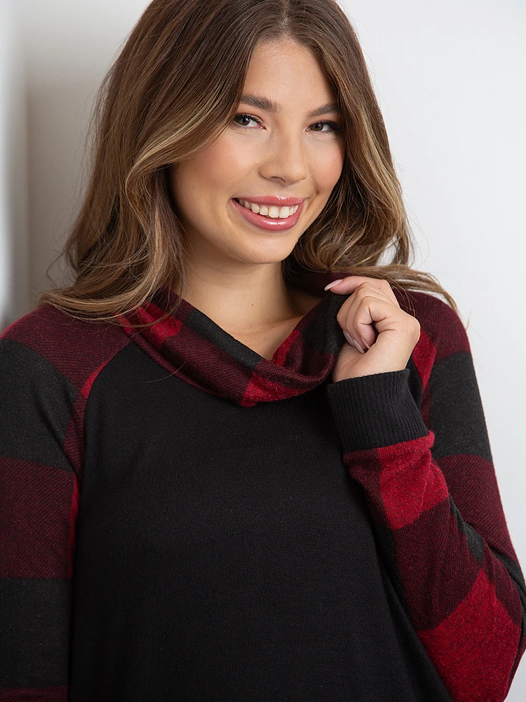 Women's Buffalo Plaid Cowl Neck Tunic