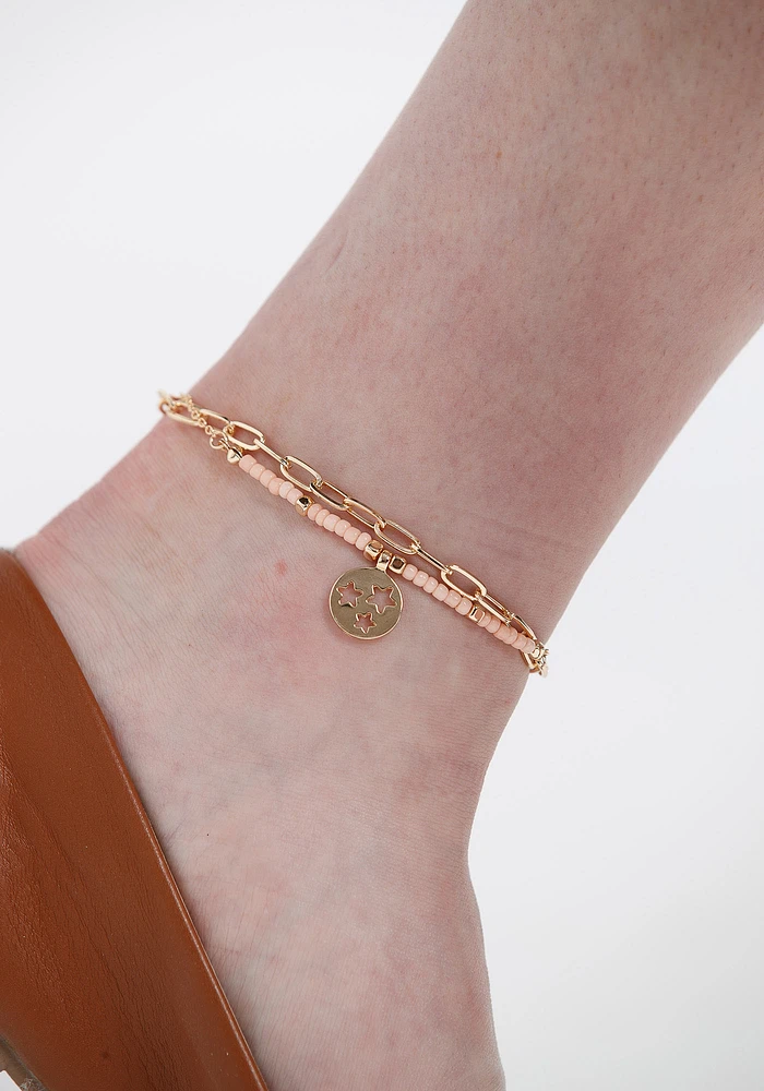 Women's Peach Bead Gold Chain Anklet