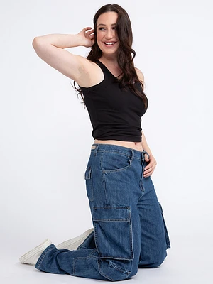 Women's Vintage Low Waist Side Cargo Pocket Jeans