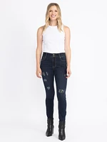 Women's Dark Wash 2 Button Sequins Patch Skinny Jeans