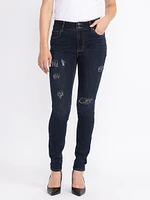 Women's Dark Wash 2 Button Sequins Patch Skinny Jeans