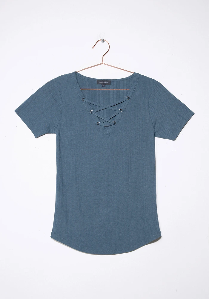 Women's Lace Up Ribbed Tee