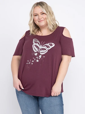 Women's Glitter Butterfly Cold Shoulder Tee