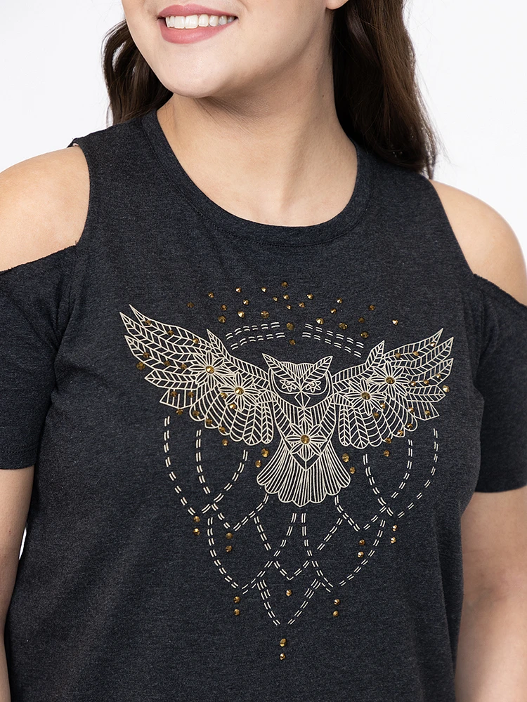 Women's Owl Cold Shoulder Oversized Tee