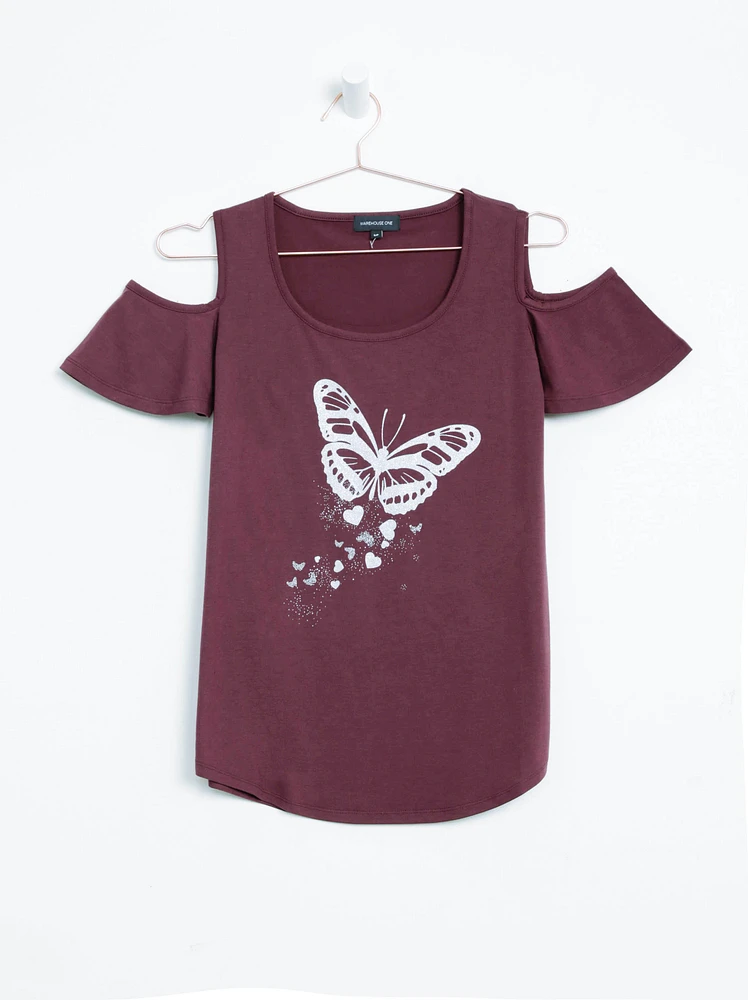 Women's Glitter Butterfly Cold Shoulder Tee