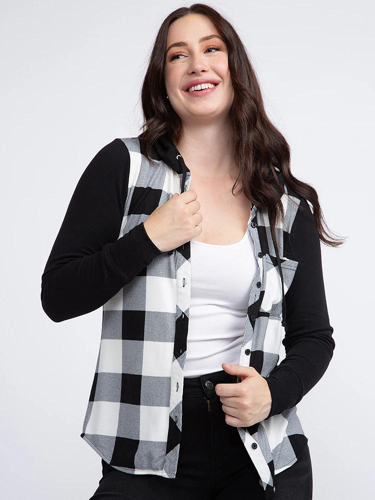 Women's Knit Hooded Buffalo Plaid Shirt