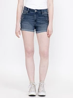 Women's Medium Wash Floral Embroidery Cuffed Shortie