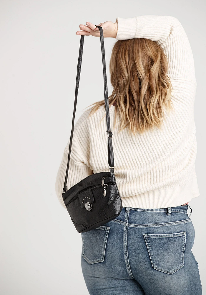 Washed PU Crossbody w Front Buckle