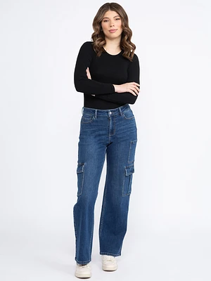 Women's Dark Wash High Rise Drapey Wide Leg Cargo Jeans