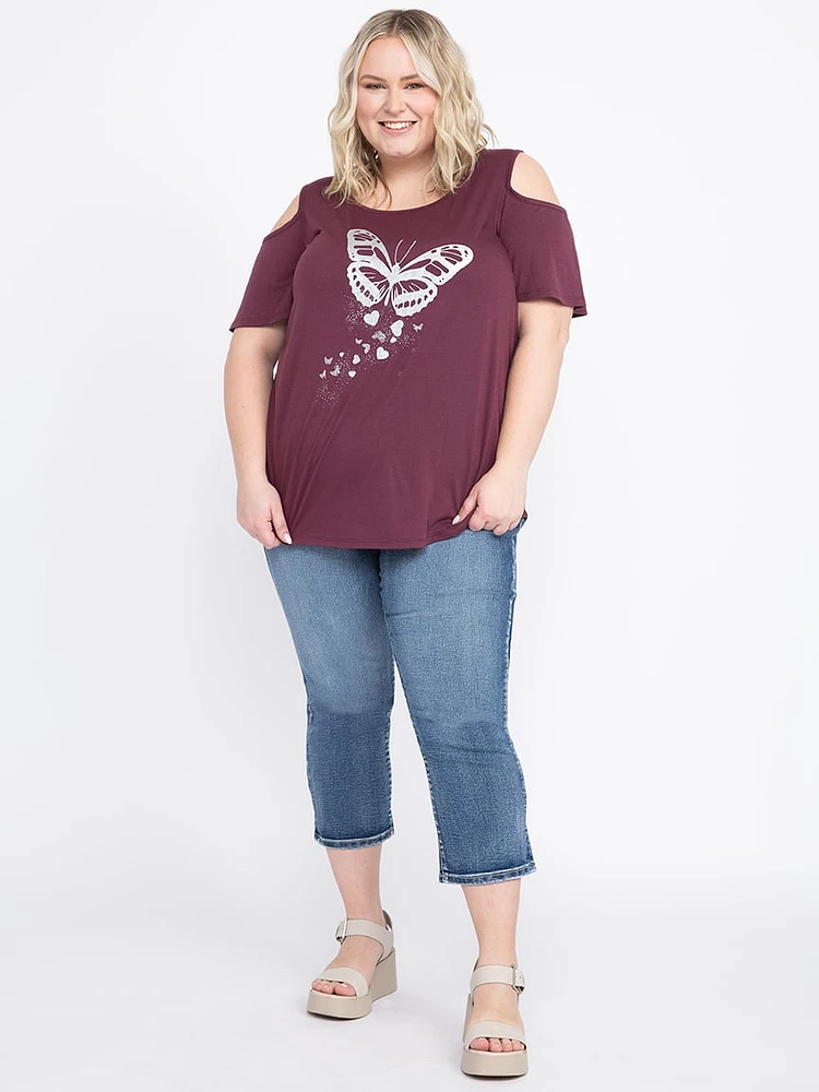 Women's Glitter Butterfly Cold Shoulder Tee